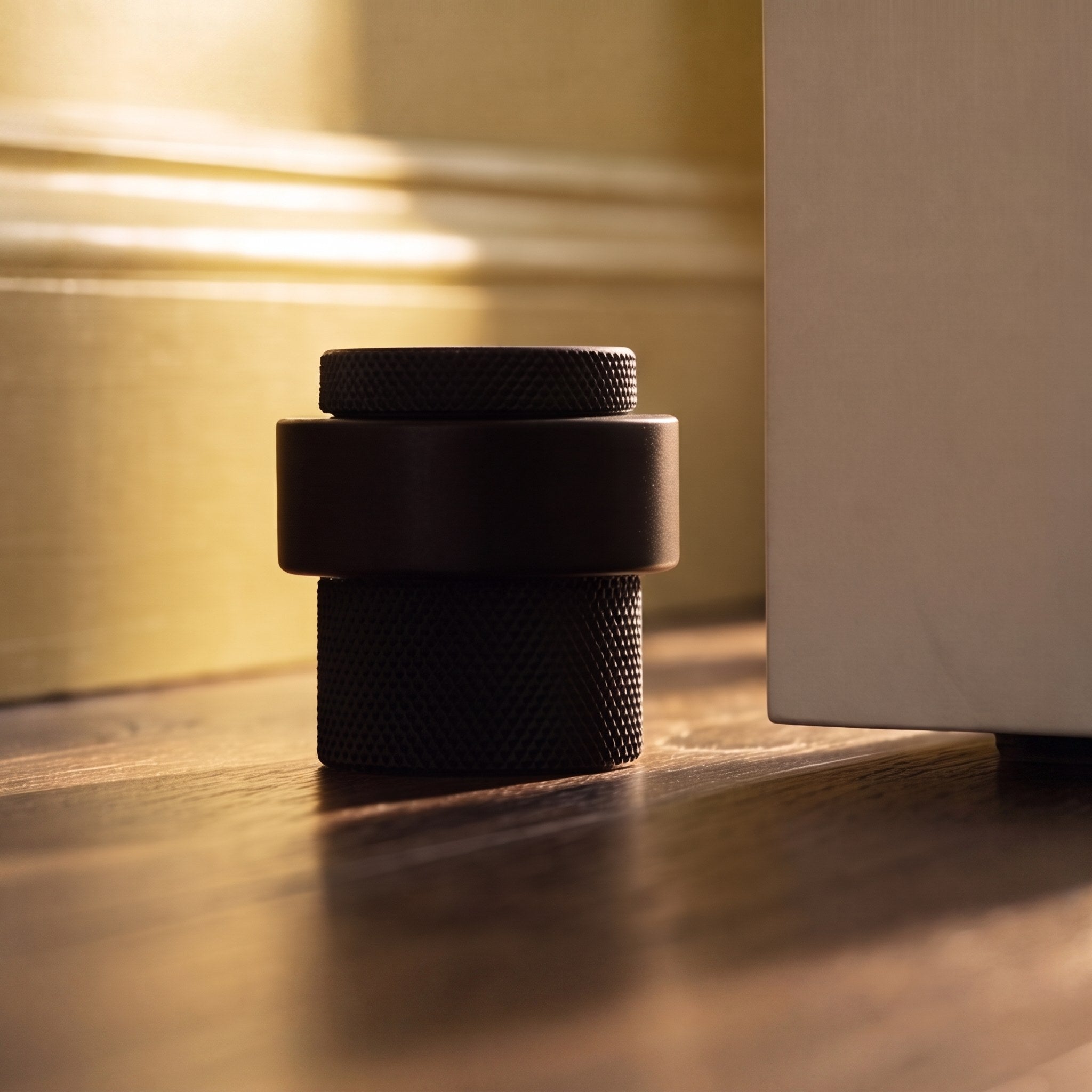 Noise-Reducing Floor-Mounted Rubber Door Stop (Knurled Brass Accent)