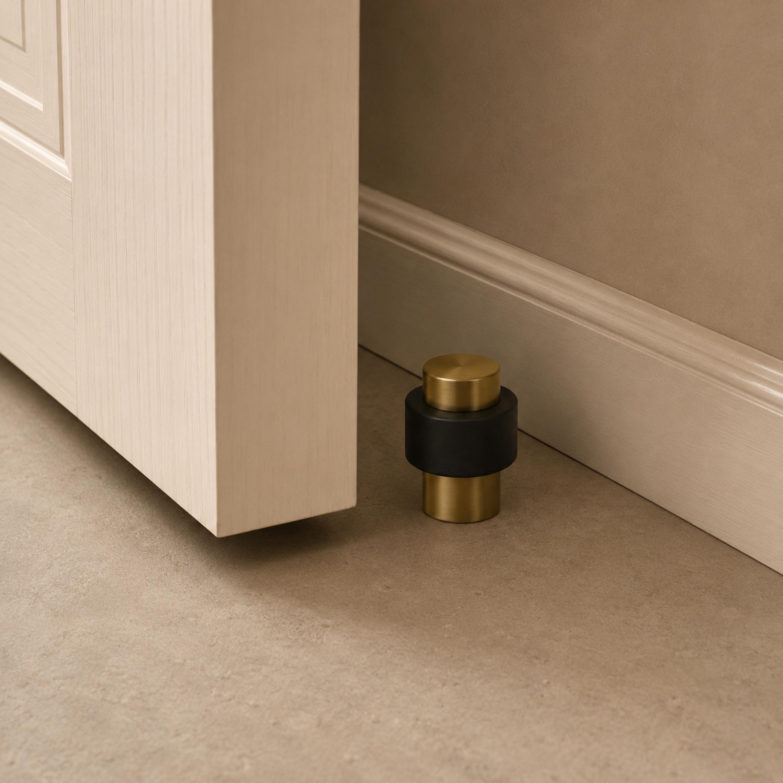 Noise-Reducing Floor-Mounted Rubber Door Stop (Knurled Brass Accent)