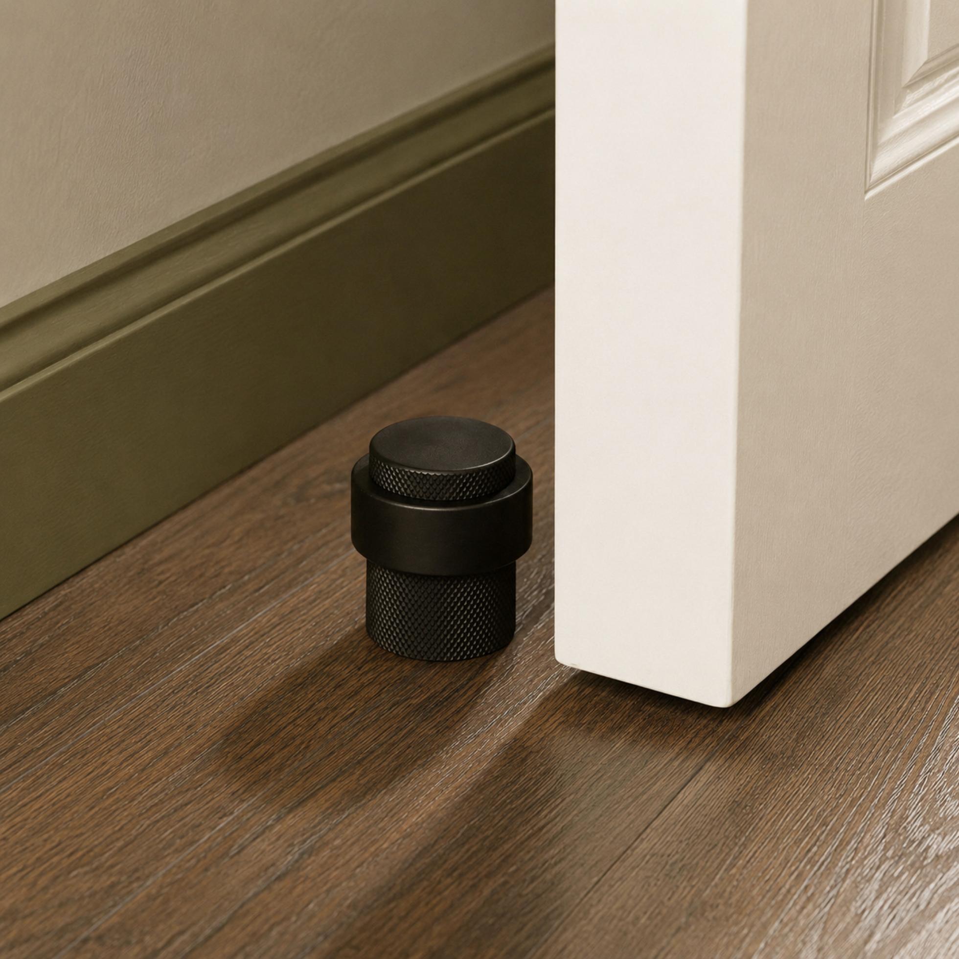 Noise-Reducing Floor-Mounted Rubber Door Stop (Knurled Brass Accent)