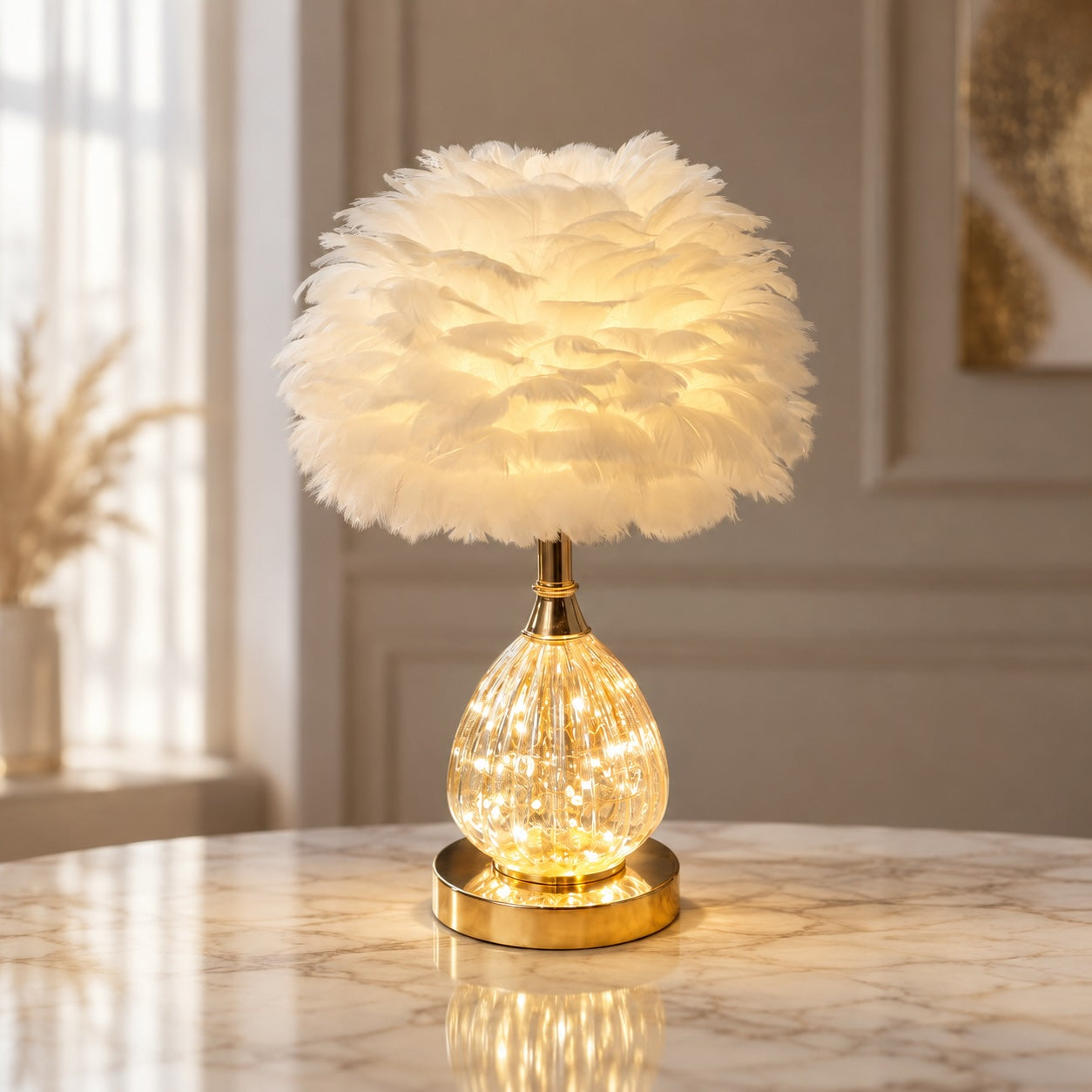 Nordic Feather Shade Iron Base Table Lamp (E27 LED Included)