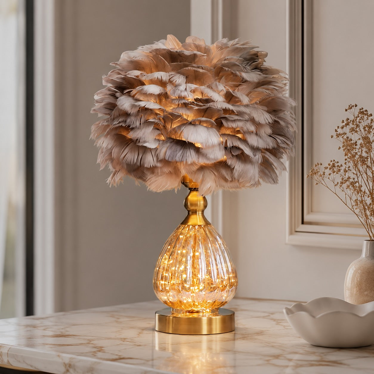 Nordic Feather Shade Iron Base Table Lamp (E27 LED Included)