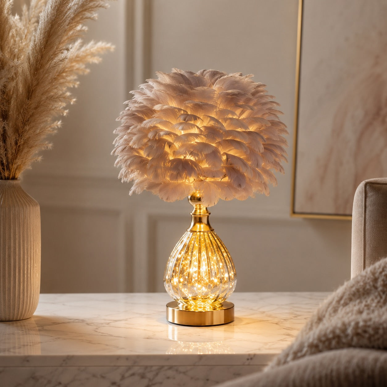 Nordic Feather Shade Iron Base Table Lamp (E27 LED Included)