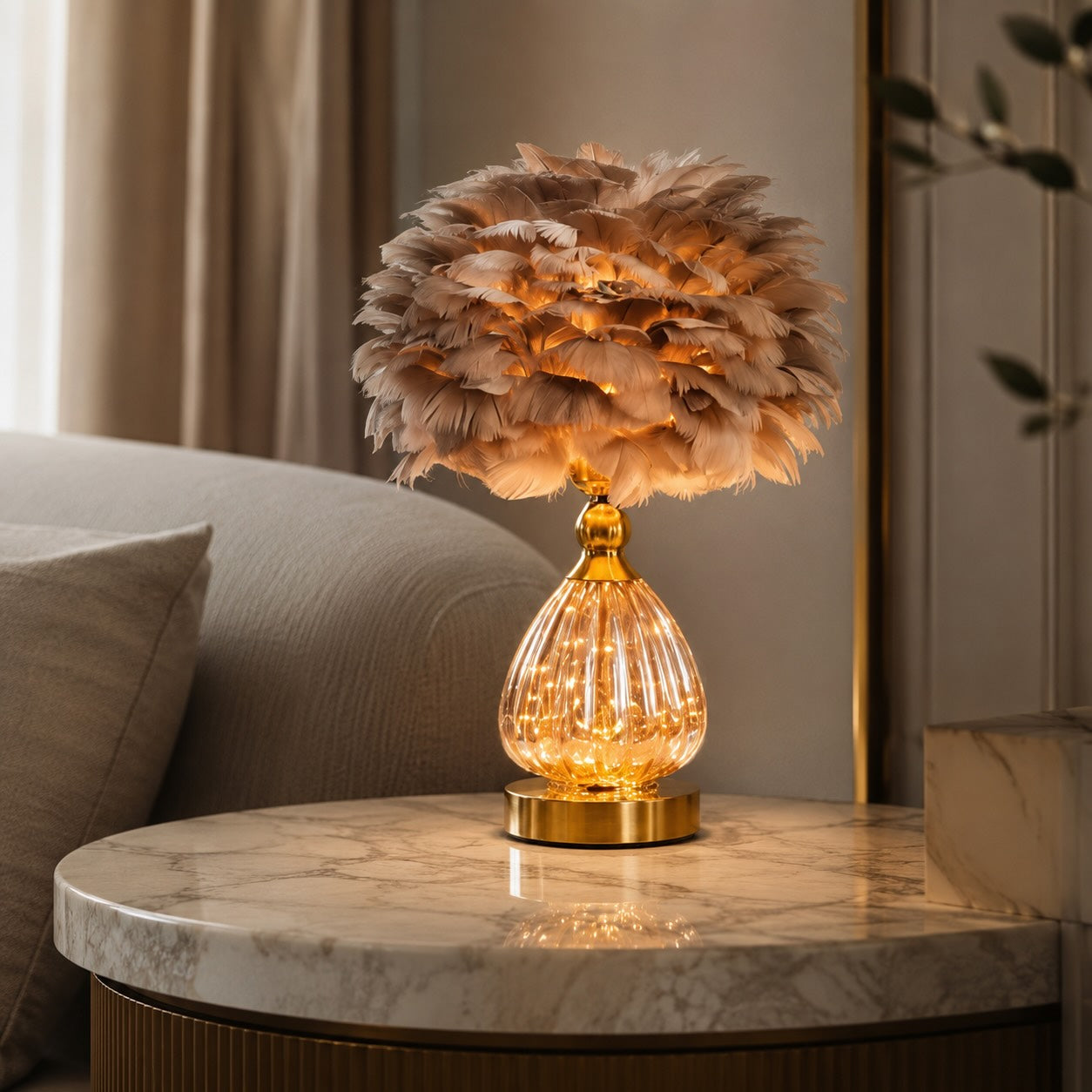 Nordic Feather Shade Iron Base Table Lamp (E27 LED Included)