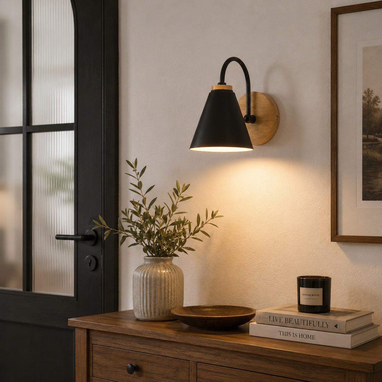 Nordic Iron Shade & Wooden Backplate Wall Sconce (Dimmable)