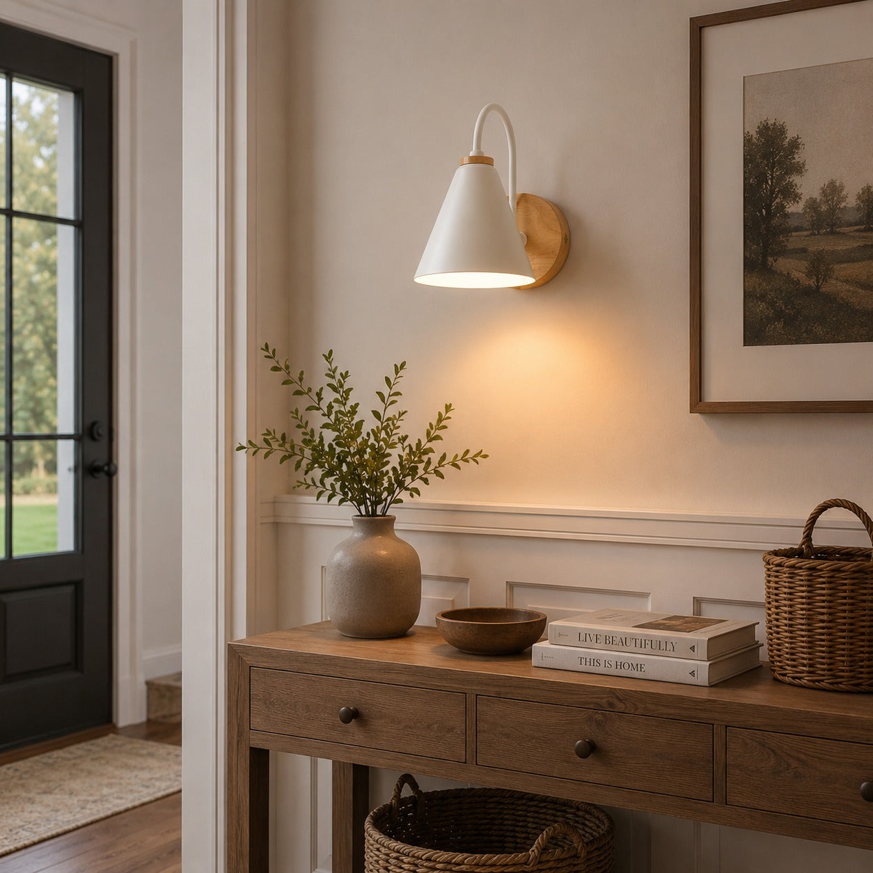 Nordic Iron Shade & Wooden Backplate Wall Sconce (Dimmable)
