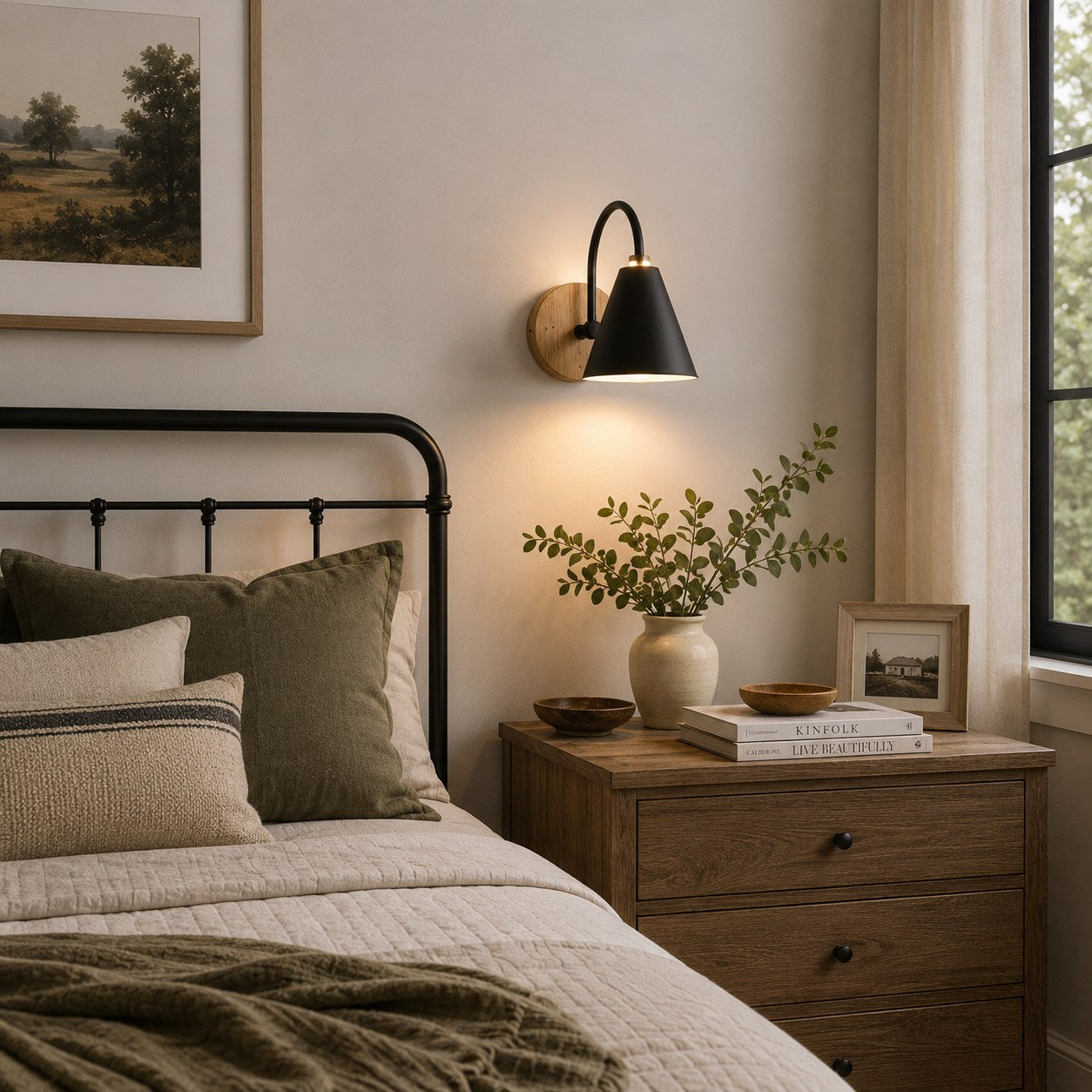 Nordic Iron Shade & Wooden Backplate Wall Sconce (Dimmable)