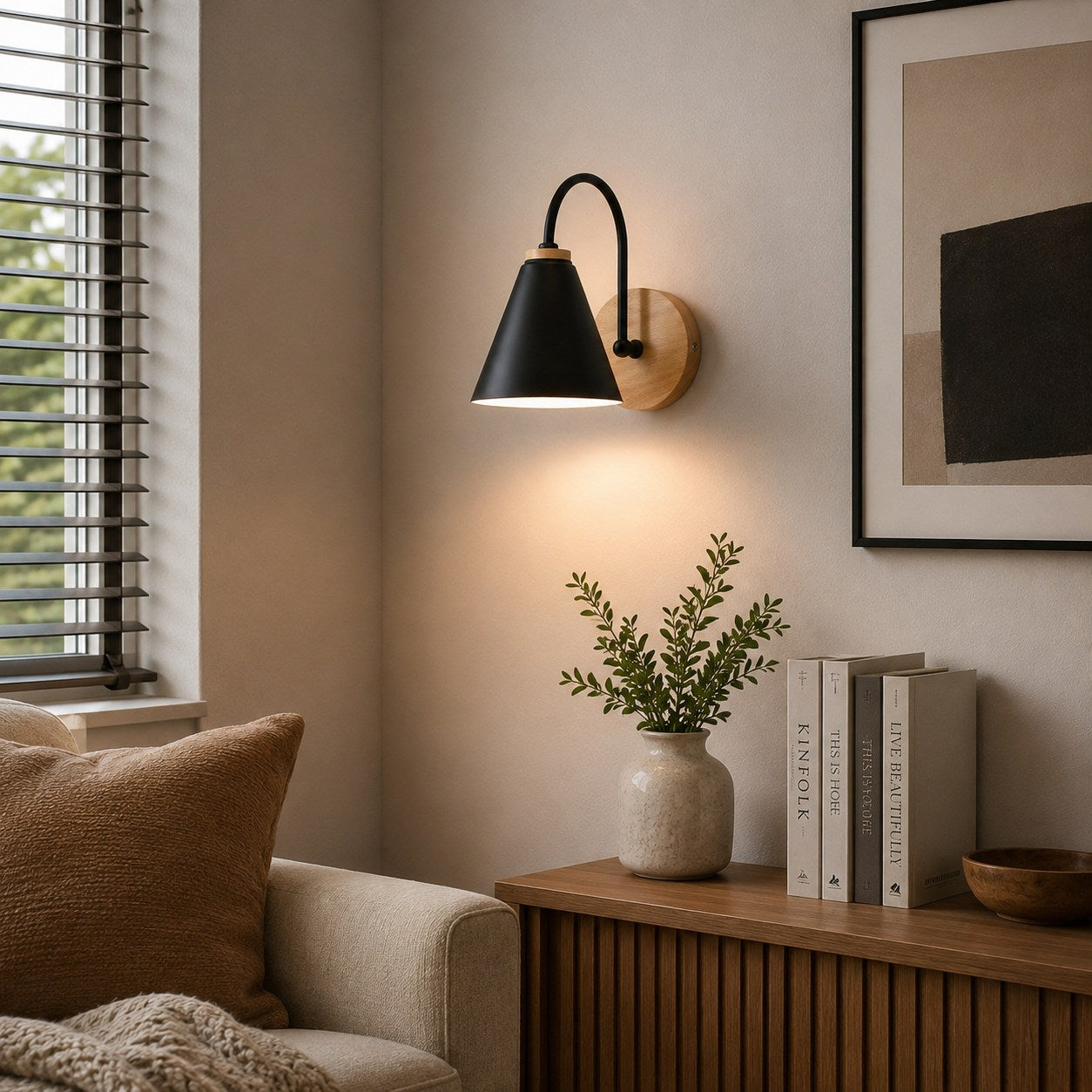 Nordic Iron Shade & Wooden Backplate Wall Sconce (Dimmable)