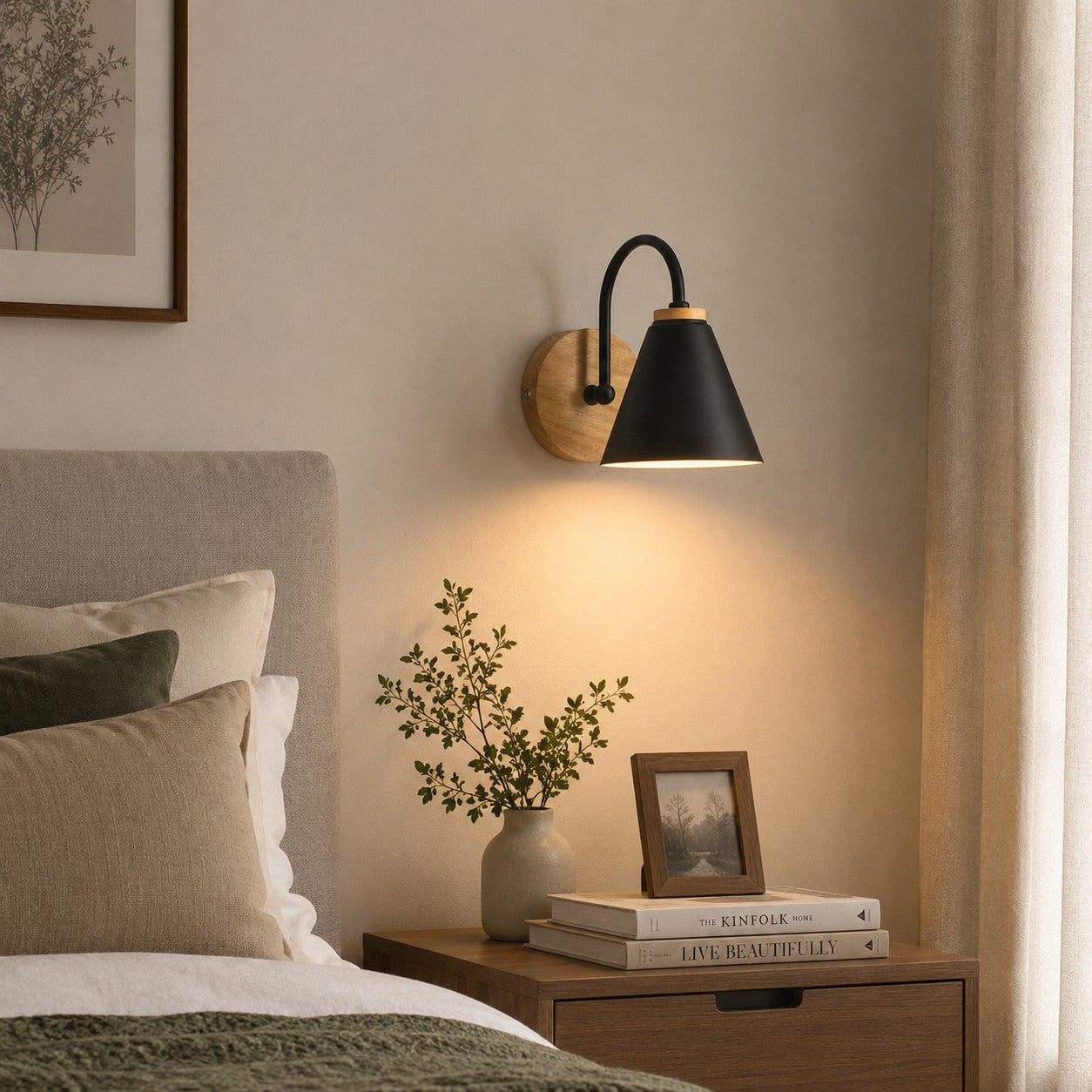 Nordic Iron Shade & Wooden Backplate Wall Sconce (Dimmable)