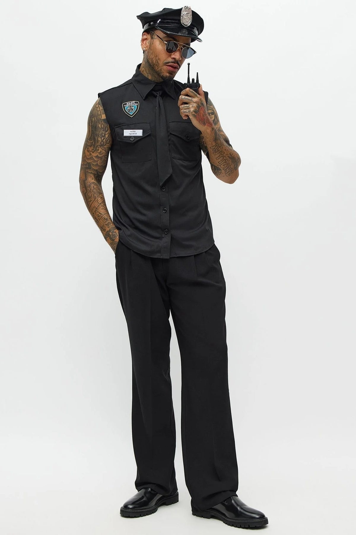 Officer Costume Set Black Short Sleeve Shirt & Stretch Hat