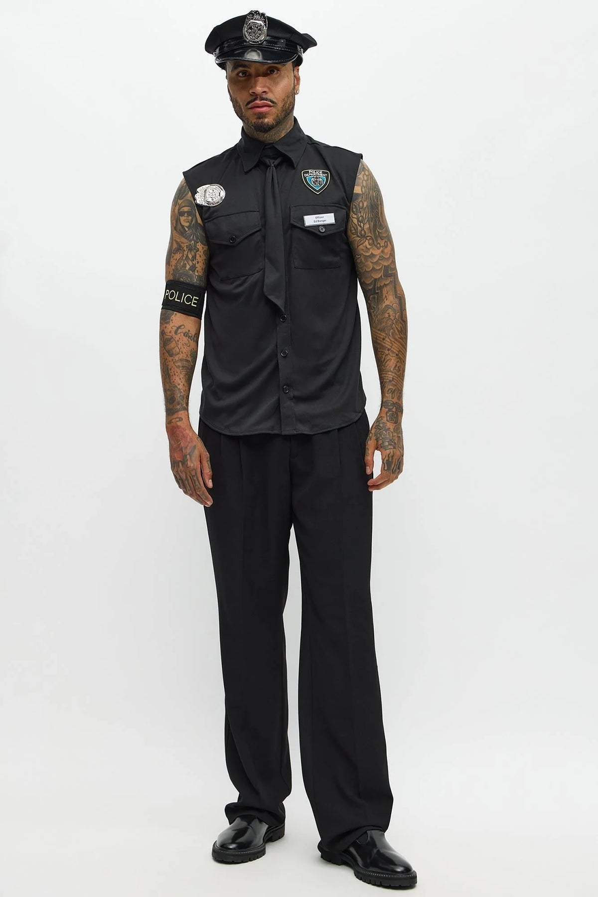 Officer Costume Set Black Short Sleeve Shirt & Stretch Hat