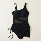 One-Shoulder Swimsuit Adjustable Ruching & Strap Diagonal Mesh