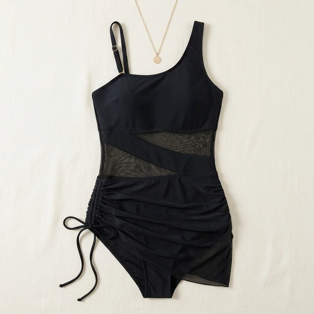 One-Shoulder Swimsuit Adjustable Ruching & Strap Diagonal Mesh