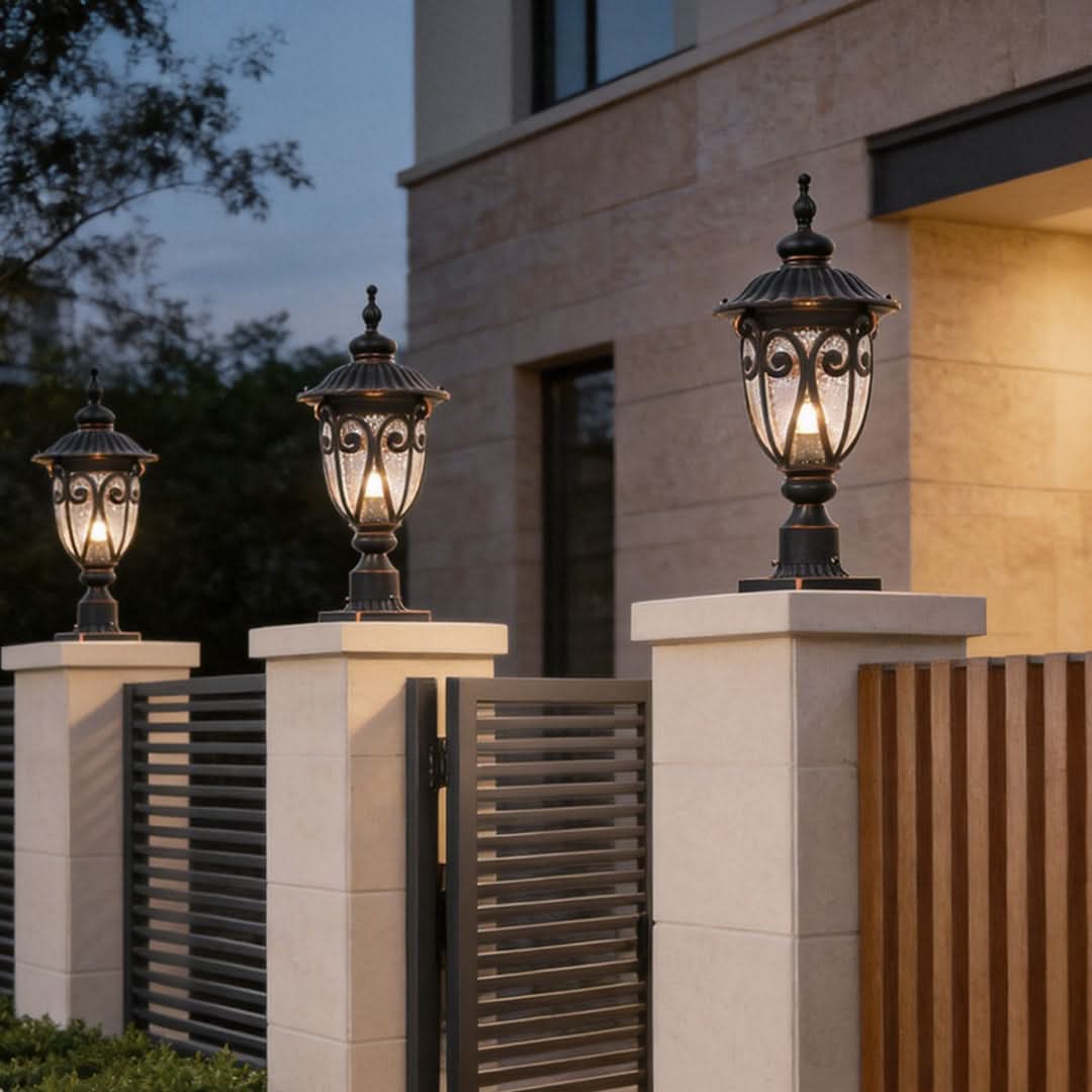 Outdoor Bollard Light Retro Glass Weatherproof Black Finish