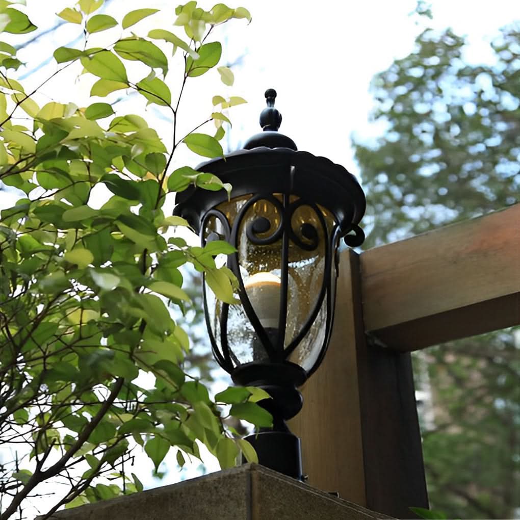 Outdoor Bollard Light Retro Glass Weatherproof Black Finish