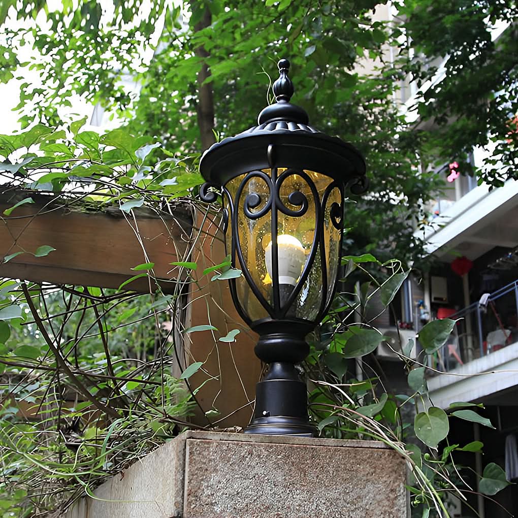 Outdoor Bollard Light Retro Glass Weatherproof Black Finish