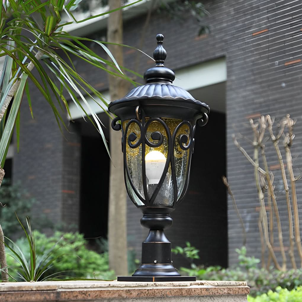 Outdoor Bollard Light Retro Glass Weatherproof Black Finish