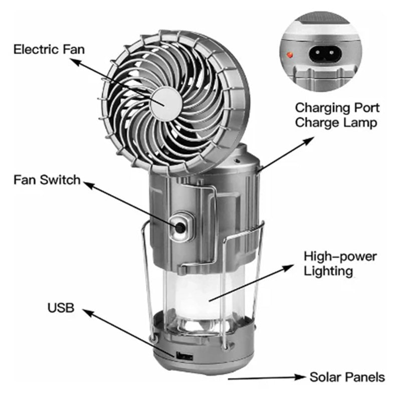 Outdoor Fan & Solar Light USB Rechargeable Weather Resistant
