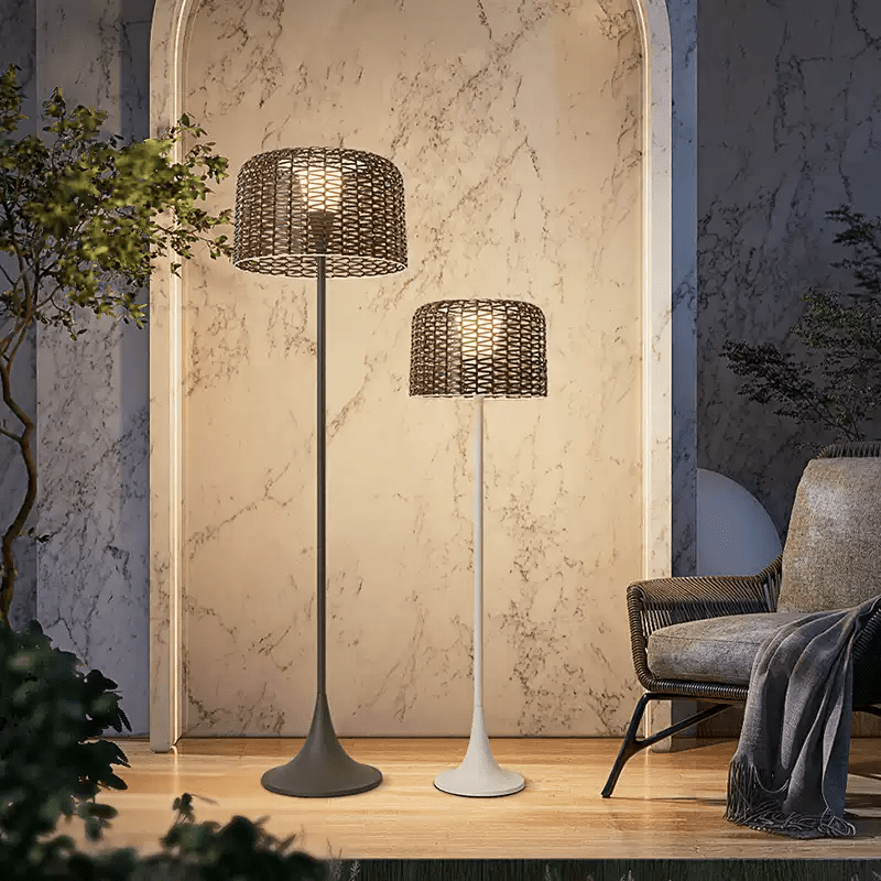 Outdoor Floor Lamp Solar Powered Warm LED Woven Rattan