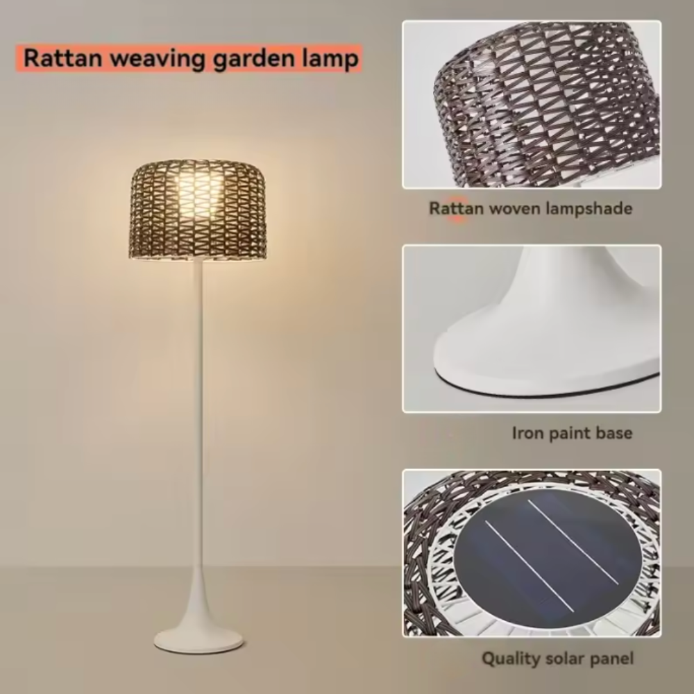 Outdoor Floor Lamp Solar Powered Warm LED Woven Rattan
