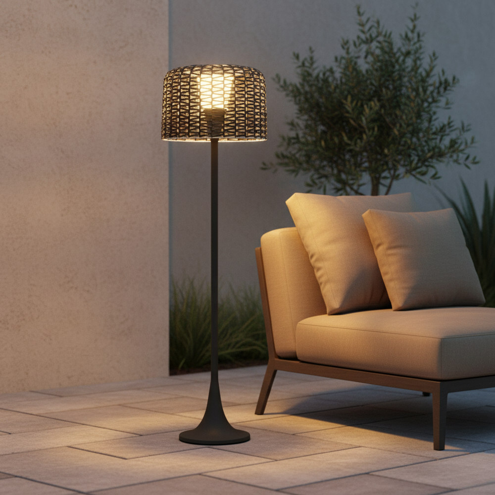 Outdoor Floor Lamp Solar Powered Warm LED Woven Rattan