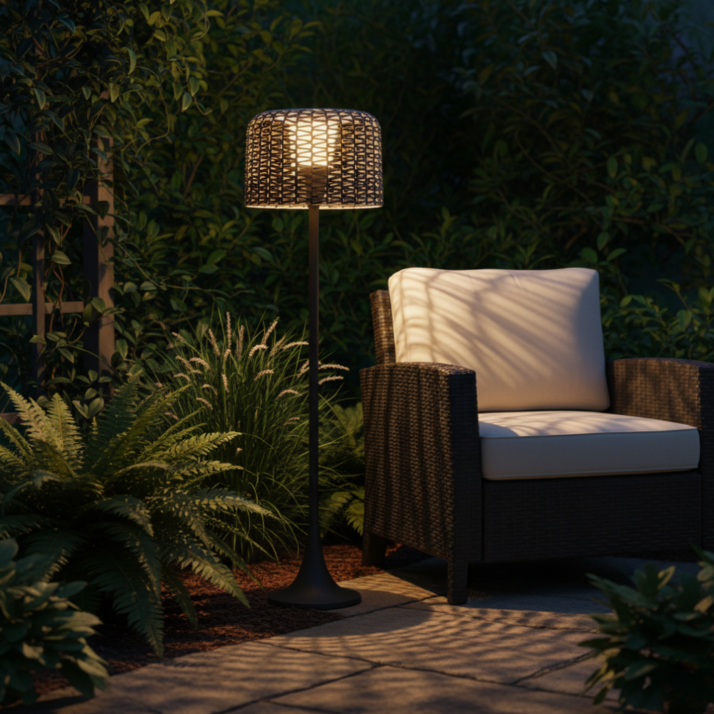 Outdoor Floor Lamp Solar Powered Warm LED Woven Rattan