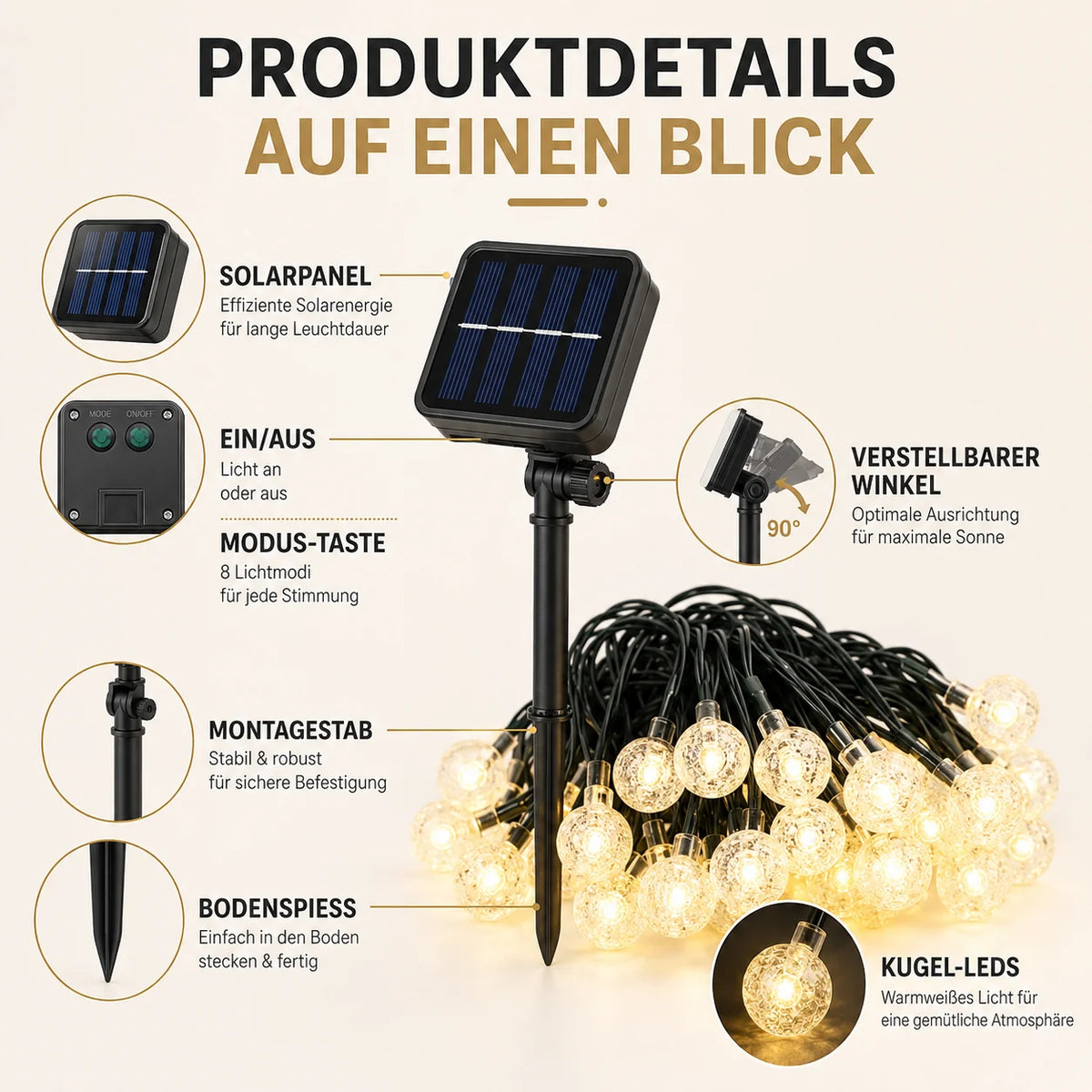 Outdoor LED String Lights Solar-Powered Warm White Waterproof