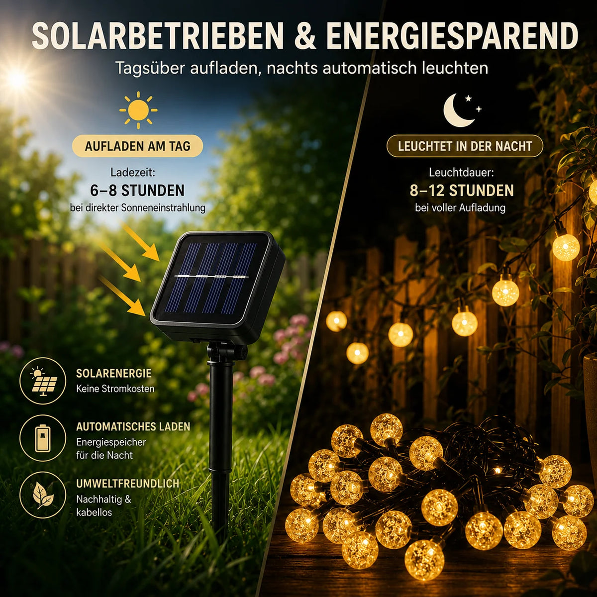 Outdoor LED String Lights Solar-Powered Warm White Waterproof