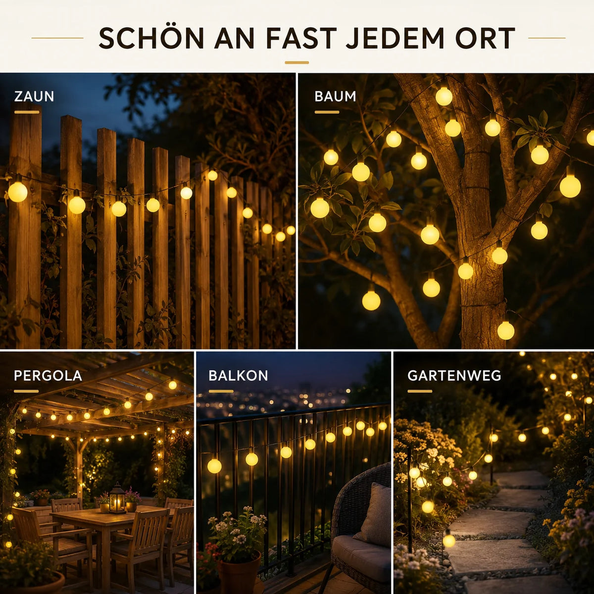 Outdoor LED String Lights Solar-Powered Warm White Waterproof