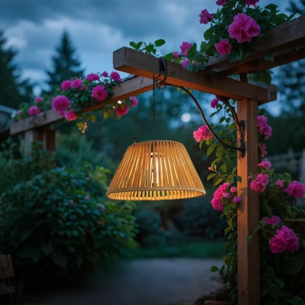Outdoor Lantern Faux Rattan Solar & USB Backup Dusk Sensor