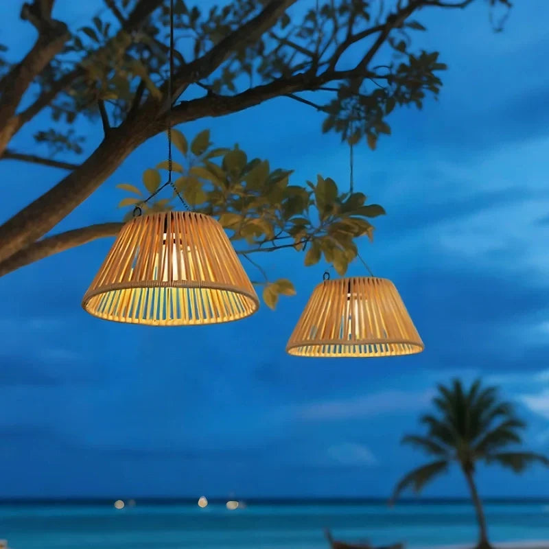 Outdoor Lantern Faux Rattan Solar & USB Backup Dusk Sensor