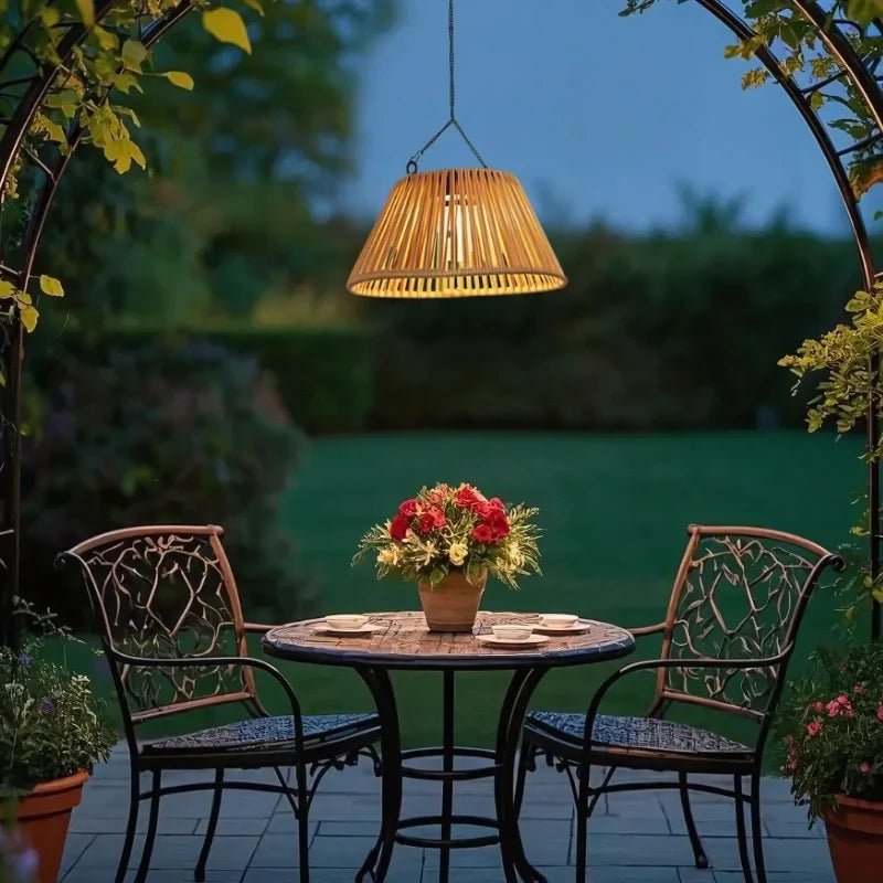 Outdoor Lantern Faux Rattan Solar & USB Backup Dusk Sensor