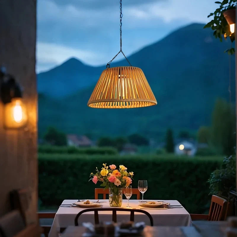 Outdoor Lantern Faux Rattan Solar & USB Backup Dusk Sensor