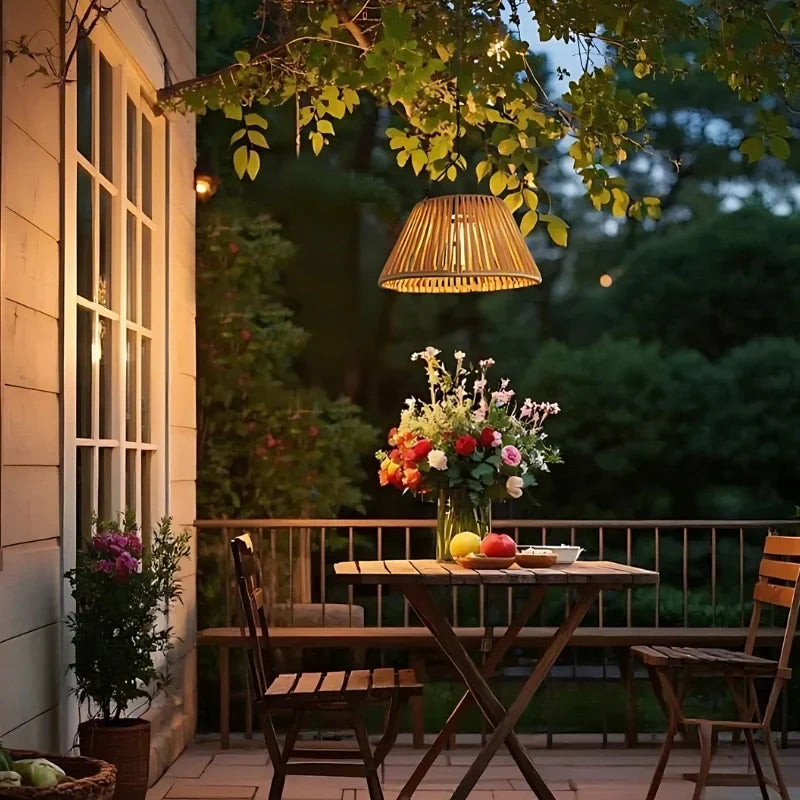 Outdoor Lantern Faux Rattan Solar & USB Backup Dusk Sensor