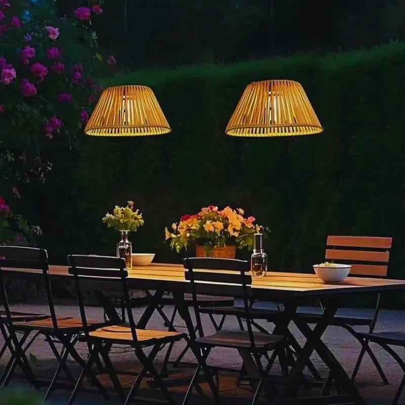 Outdoor Lantern Faux Rattan Solar & USB Backup Dusk Sensor
