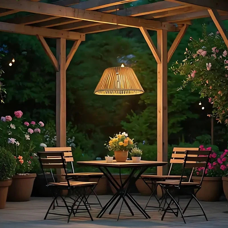 Outdoor Lantern Faux Rattan Solar & USB Backup Dusk Sensor