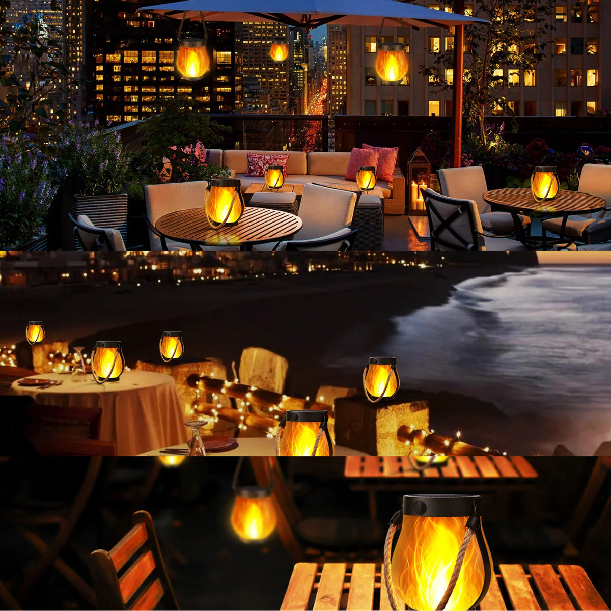 Outdoor Lantern Flame-Effect LED Solar & USB Recharge