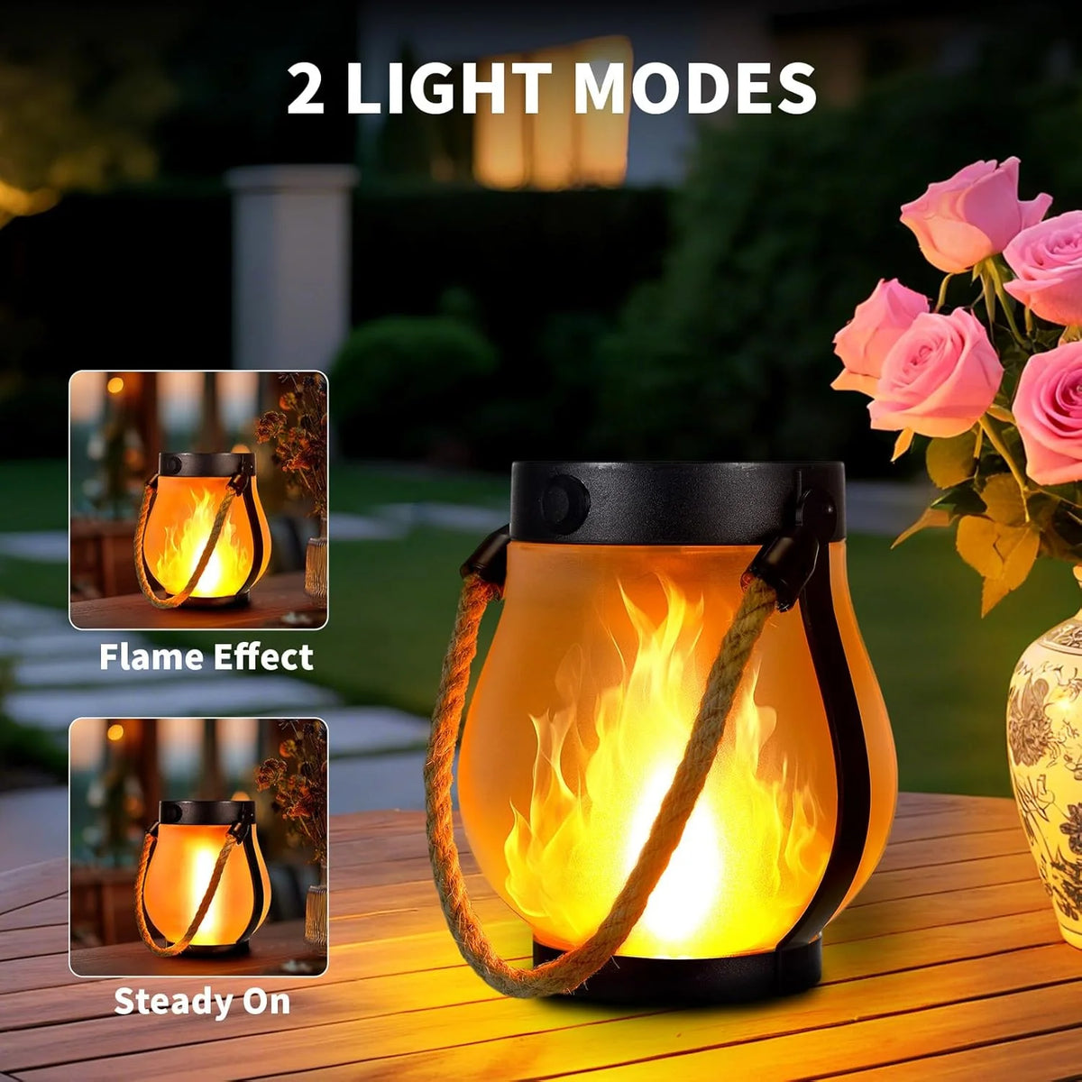 Outdoor Lantern Flame-Effect LED Solar & USB Recharge