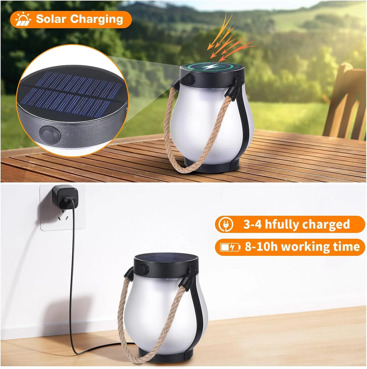 Outdoor Lantern Flame-Effect LED Solar & USB Recharge