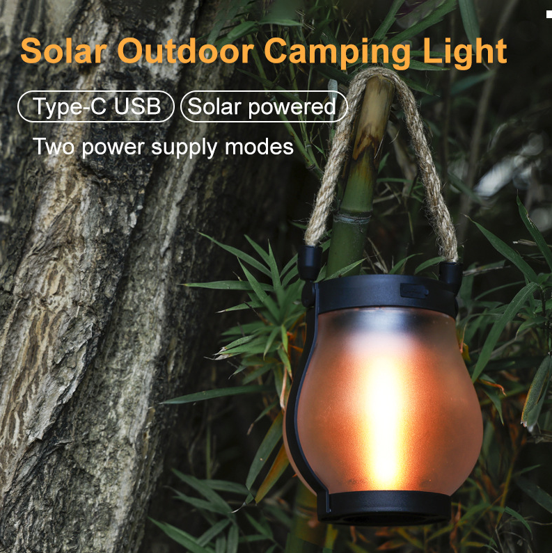 Outdoor Lantern Solar-Powered Flame Effect 12-Hour Weather-Resistant Hemp Rope