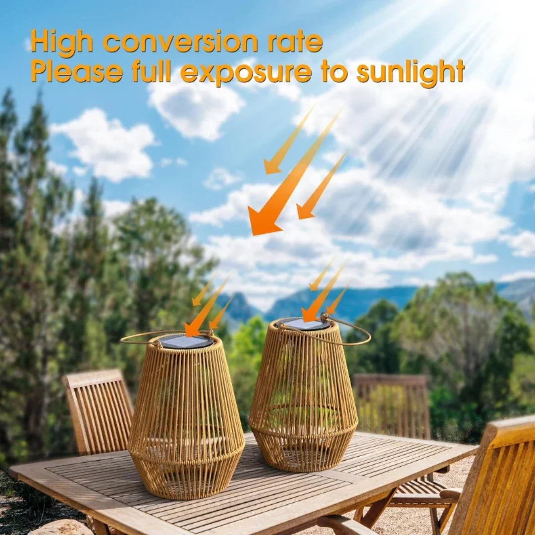 Outdoor Lantern Solar Powered Handwoven Rattan Weather Resistant