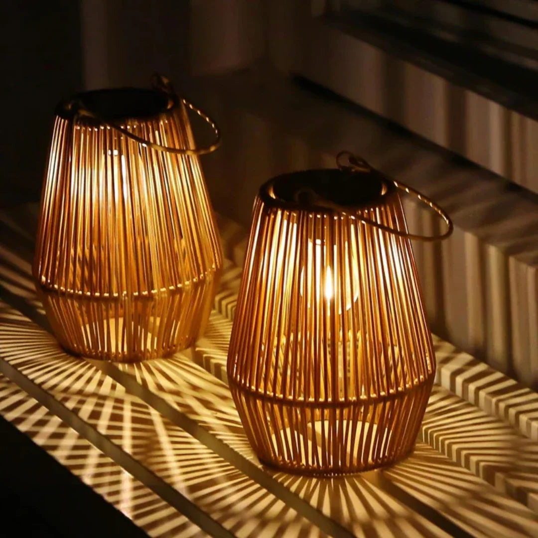 Outdoor Lantern Solar Powered Handwoven Rattan Weather Resistant