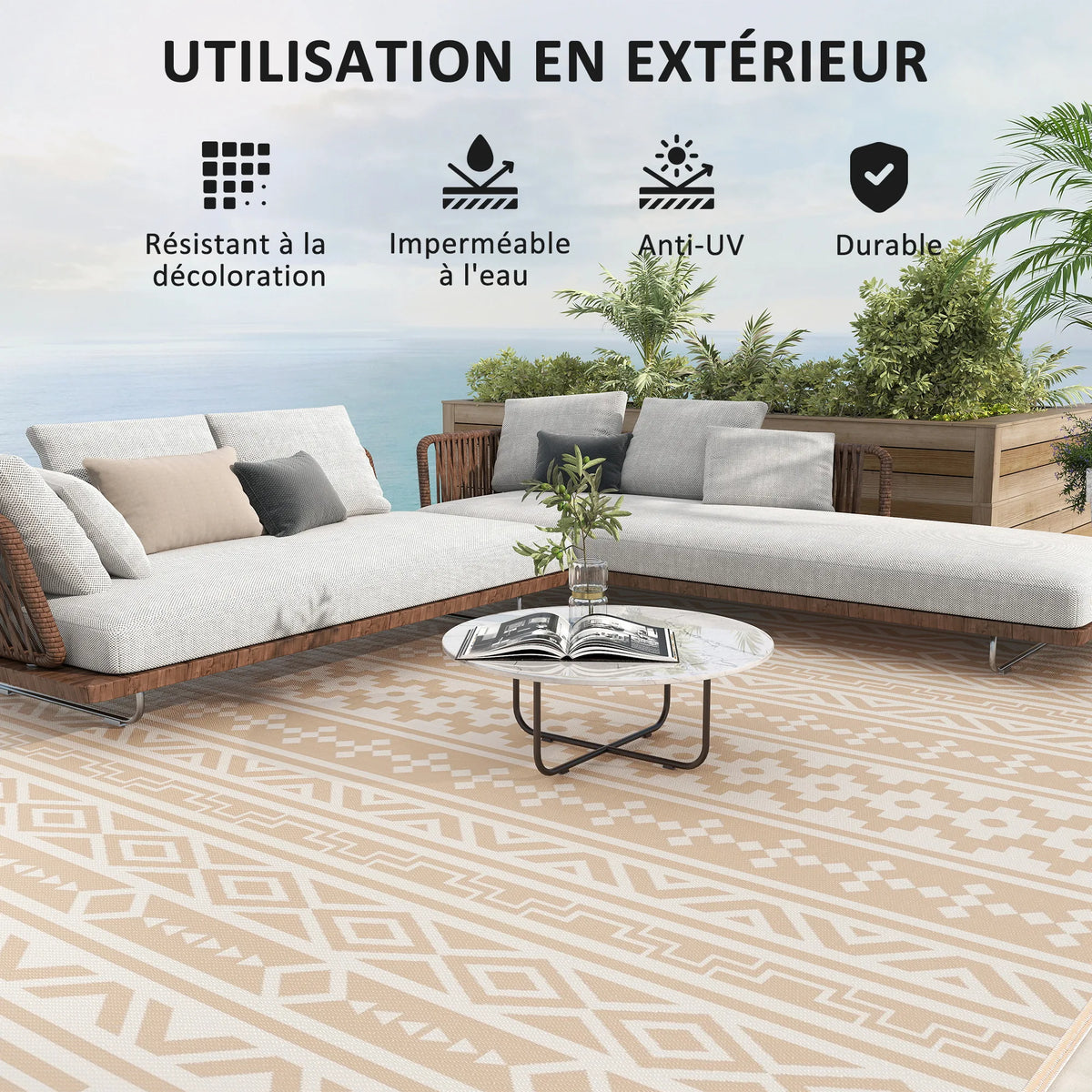 Outdoor Rug Reversible Boho UV-Resistant Foldable With Carry Bag