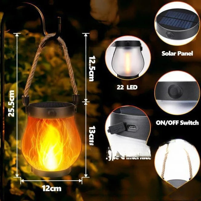 Outdoor Solar Lantern Flickering Flame USB-C Weatherproof