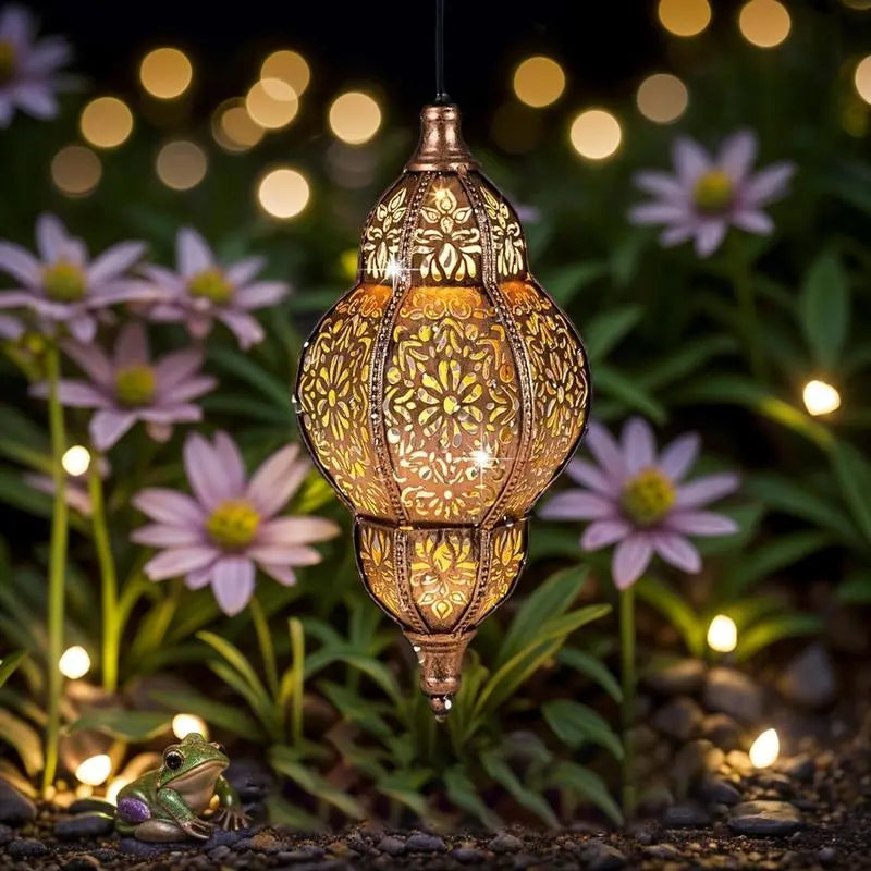 Outdoor Solar Lantern Moroccan Metal Weatherproof 8-Hour Warm LED