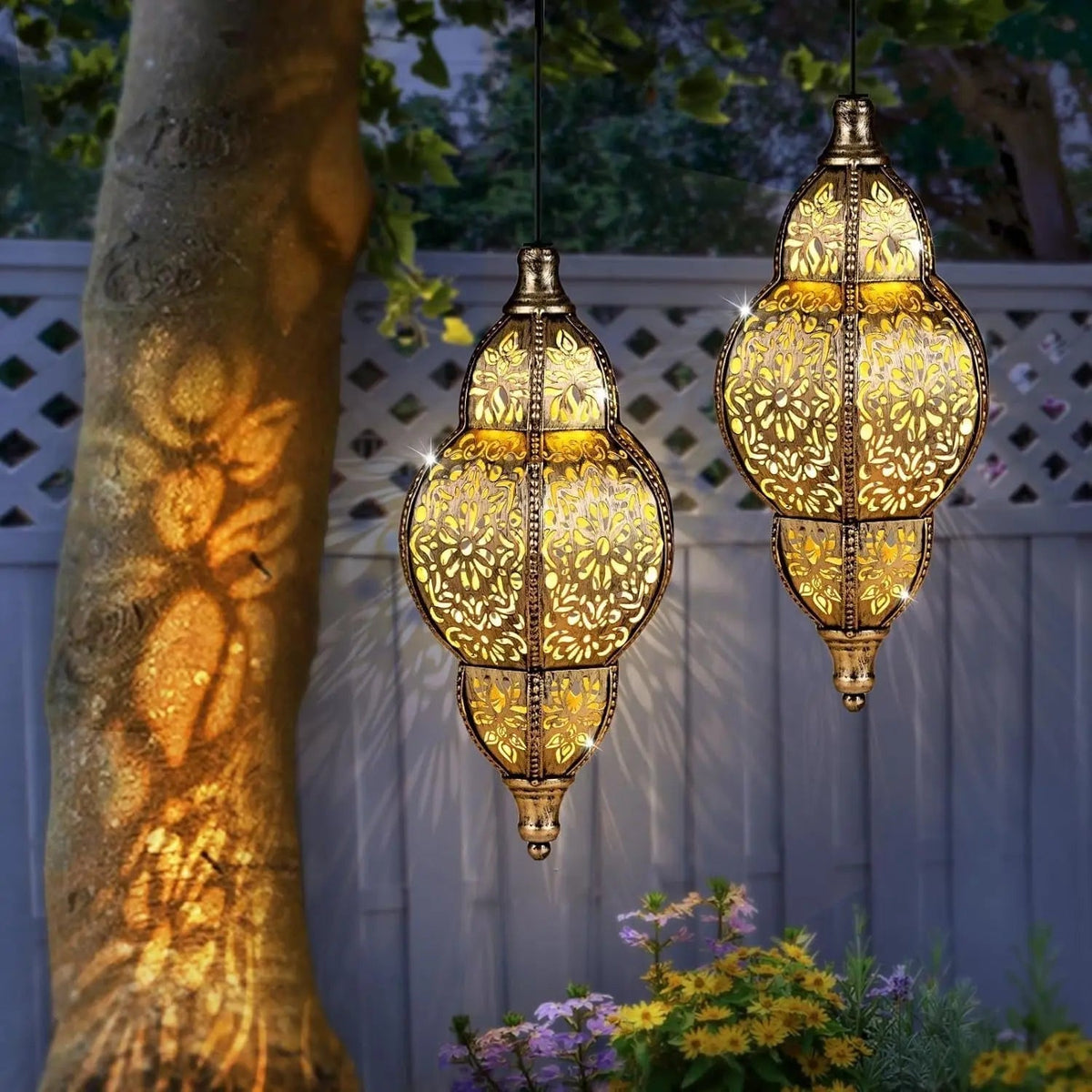 Outdoor Solar Lantern Moroccan Metal Weatherproof 8-Hour Warm LED