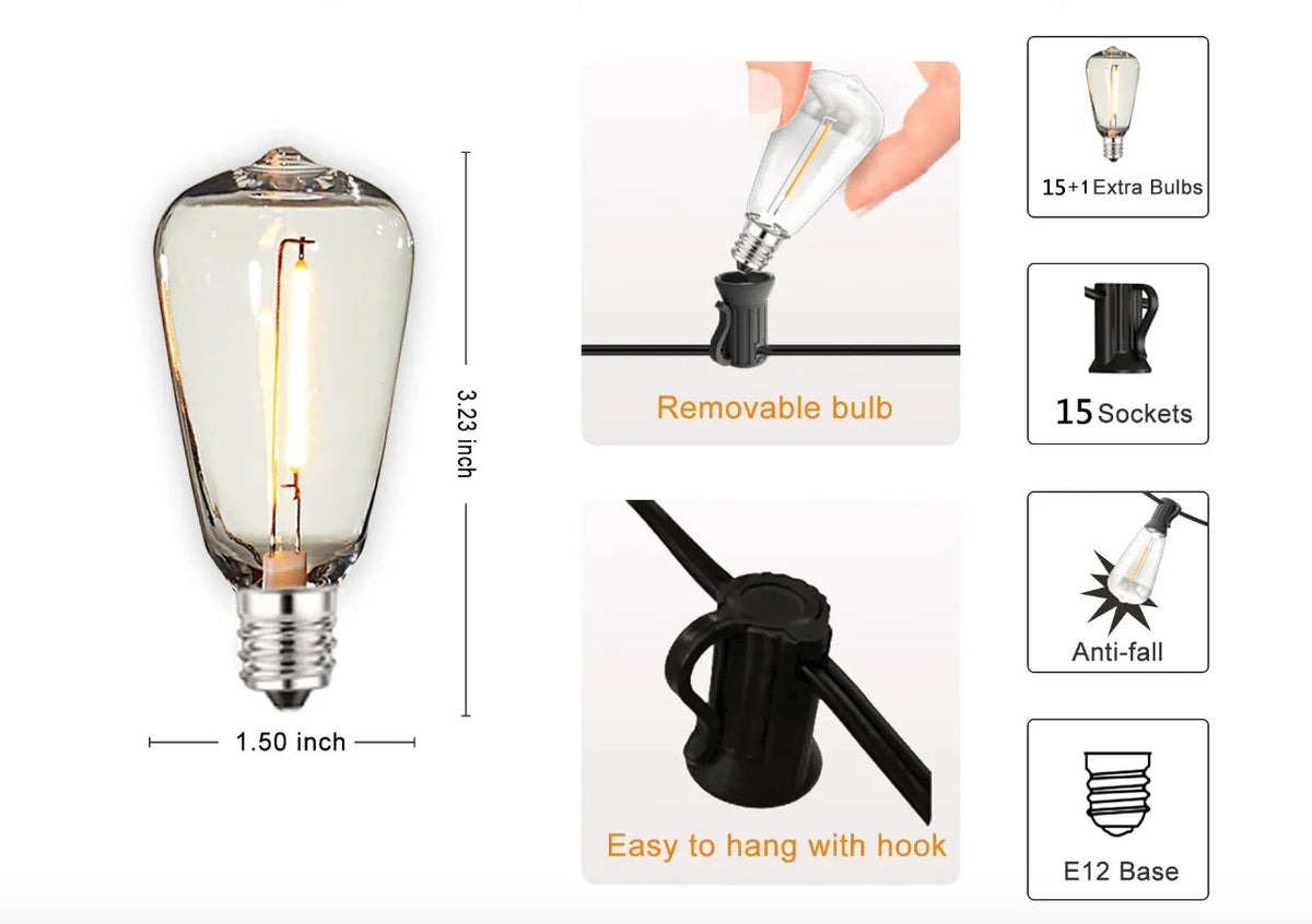 Outdoor String Lights 15 Unbreakable Bulbs Weather-Resistant Dimmable