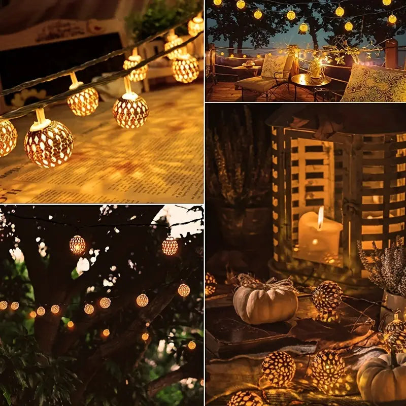 Outdoor String Lights Filigree Metal Spheres Solar LED