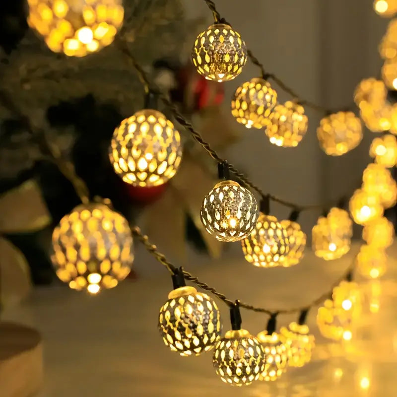 Outdoor String Lights Filigree Metal Spheres Solar LED