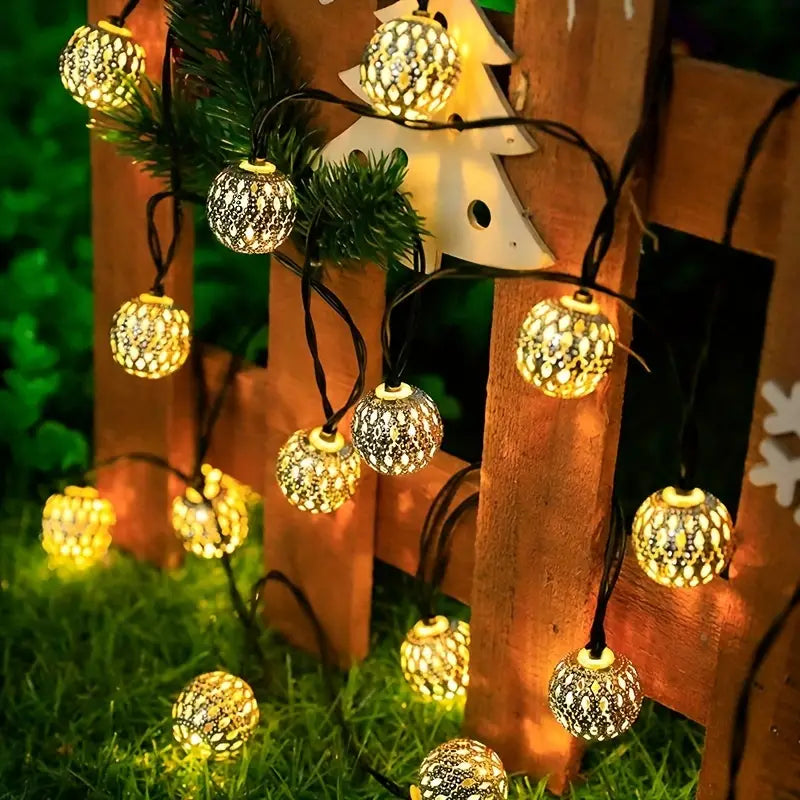 Outdoor String Lights Filigree Metal Spheres Solar LED