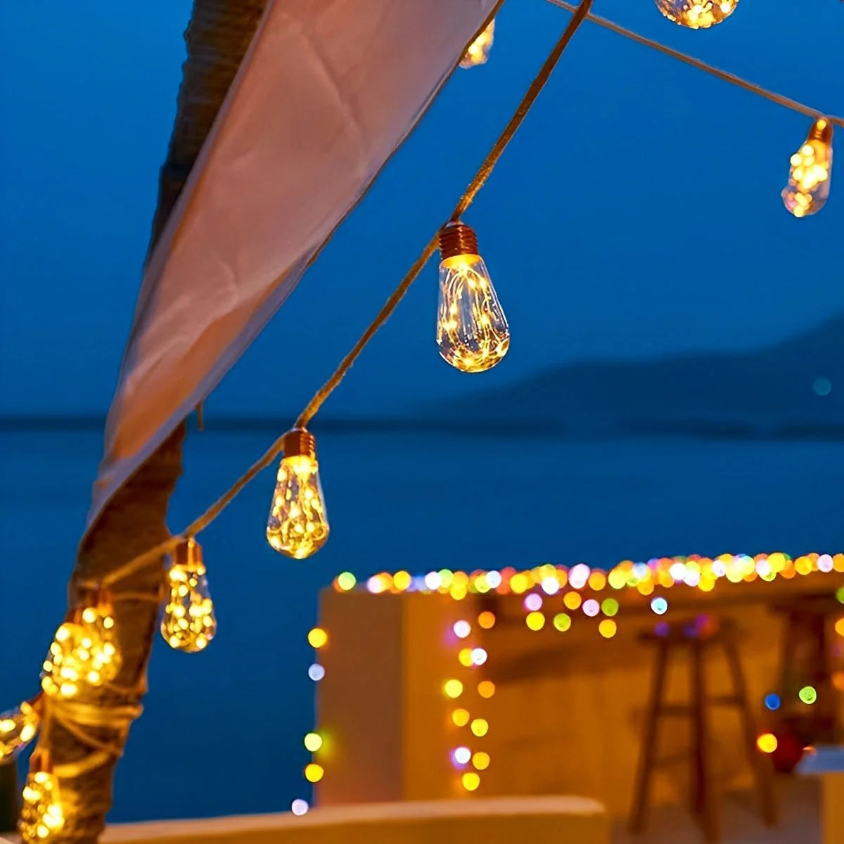 Outdoor String Lights Solar-Powered Dusk-To-Dawn Hemp-Rope Warm-White LED